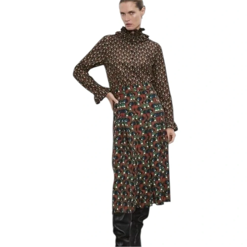 Zara Geometric Pleated Midi Skirt Brown Pattern Plus Size XXL - Picture 3 of 11